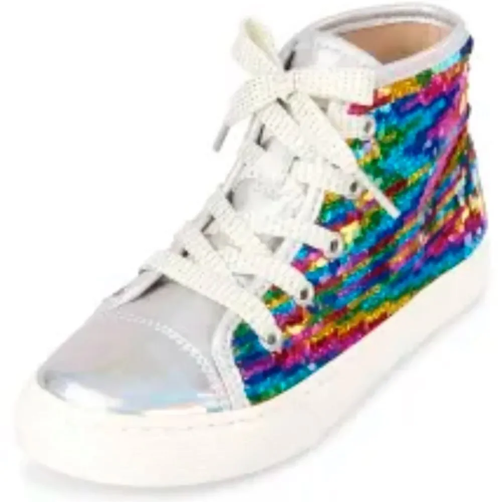 Girls Sequin High Top Sneakers Rainbow Side Zip Silver Shoes‎